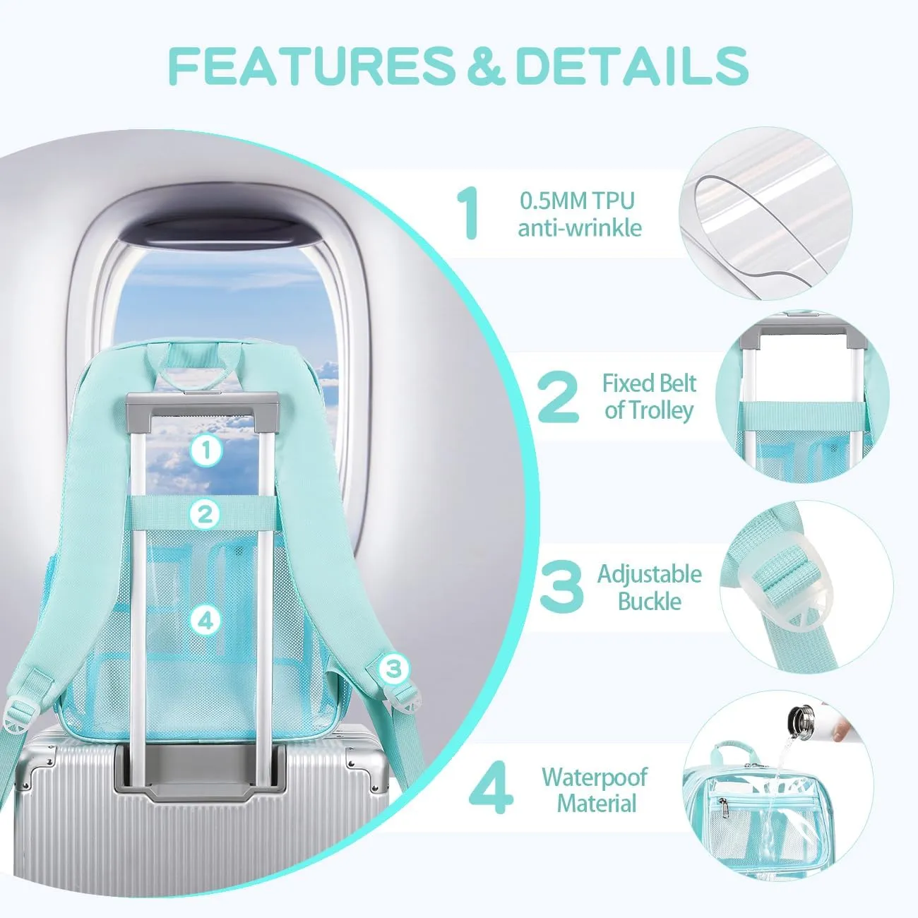 Cusangel Clear Light Blue Backpack For Girls, Heavy Duty Transparent BookBag,16inch TPU Large Capacity See Through Bag for Sport Events,Travel,Stadiums,Work