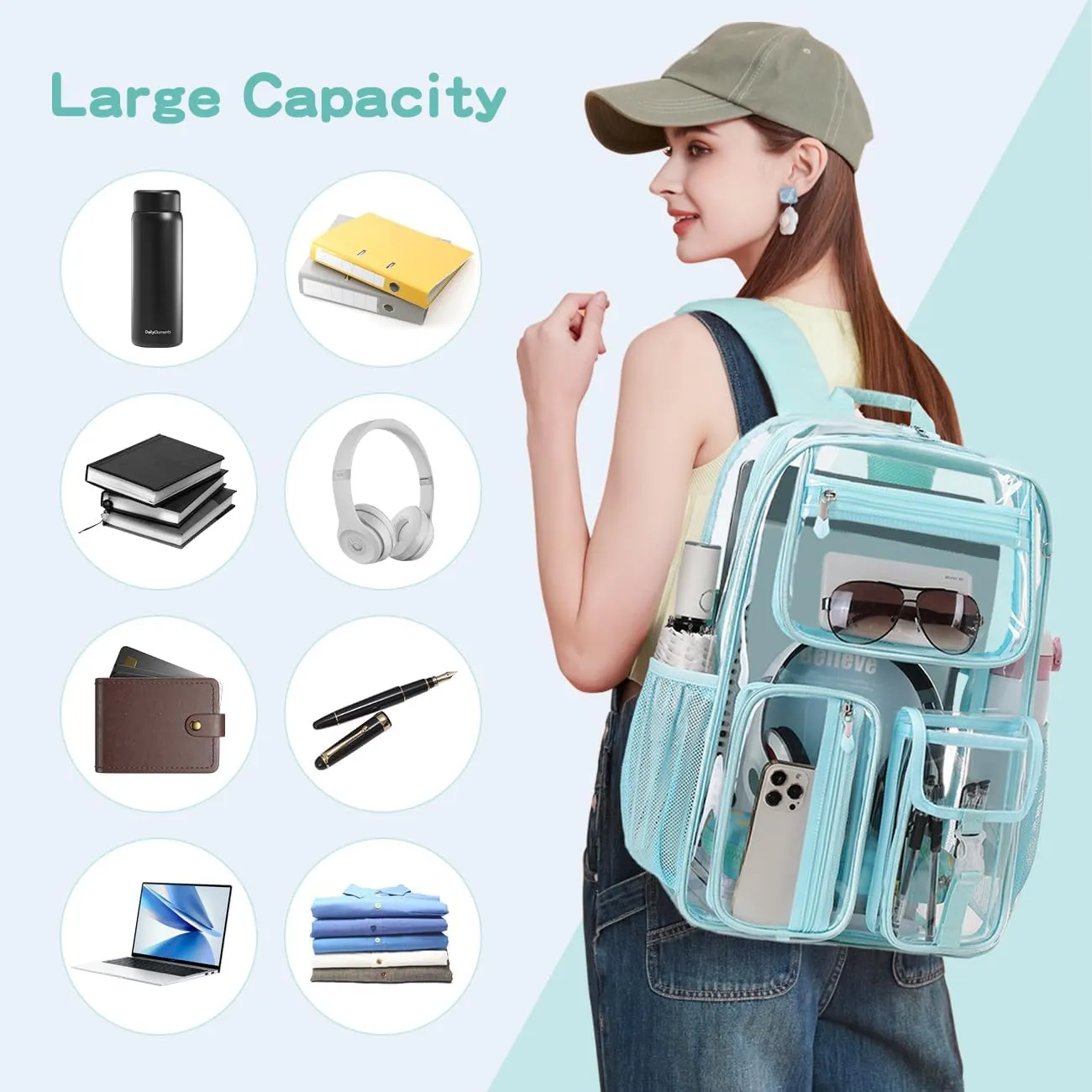 Cusangel Clear Light Blue Backpack For Girls, Heavy Duty Transparent BookBag,16inch TPU Large Capacity See Through Bag for Sport Events,Travel,Stadiums,Work