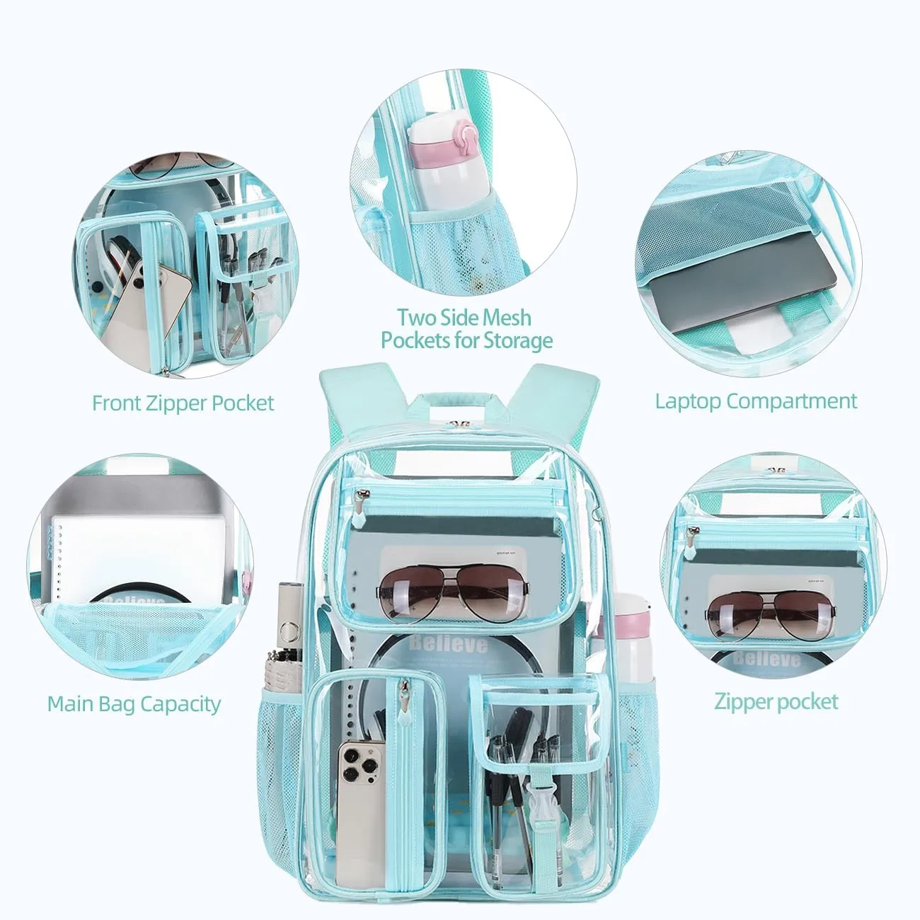 Cusangel Clear Light Blue Backpack For Girls, Heavy Duty Transparent BookBag,16inch TPU Large Capacity See Through Bag for Sport Events,Travel,Stadiums,Work