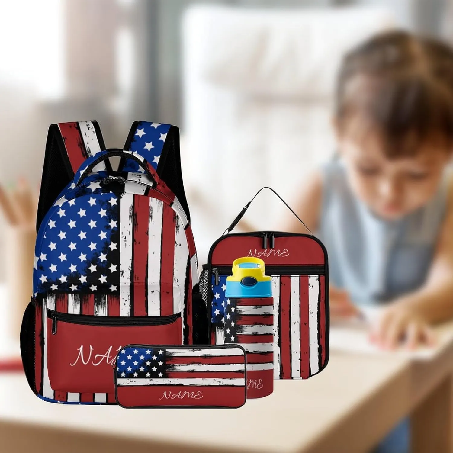 Custom American Flag Backpack Set 4 in 1 Personalized Add Your Name School Bag with Lunch Bag Pencil Case Water Bottle Customized Backpack for Kids Girls Boys
