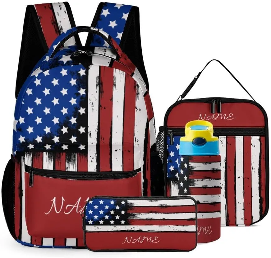 Custom American Flag Backpack Set 4 in 1 Personalized Add Your Name School Bag with Lunch Bag Pencil Case Water Bottle Customized Backpack for Kids Girls Boys