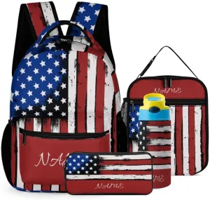 Custom American Flag Backpack Set 4 in 1 Personalized Add Your Name School Bag with Lunch Bag Pencil Case Water Bottle Customized Backpack for Kids Girls Boys