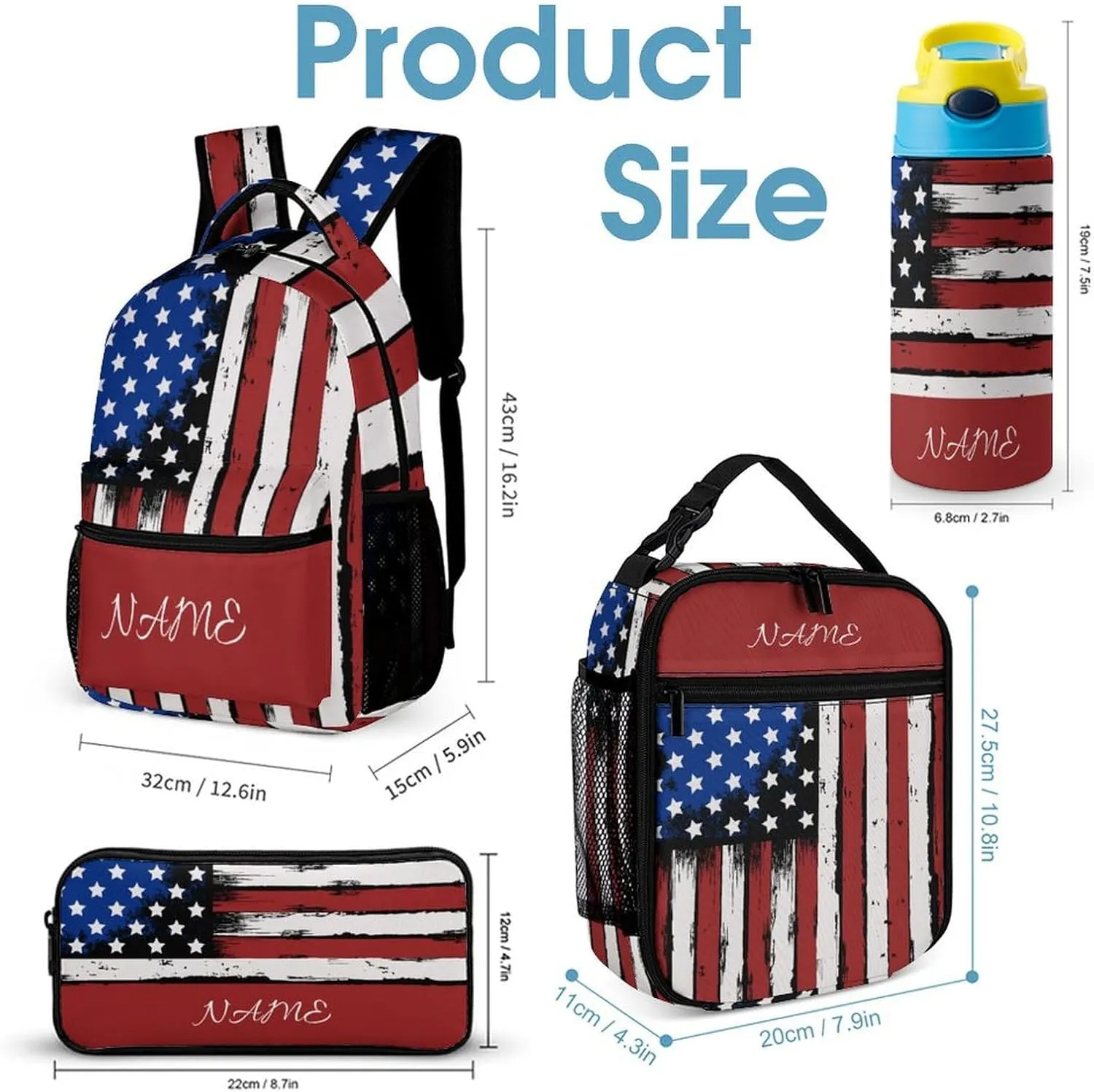 Custom American Flag Backpack Set 4 in 1 Personalized Add Your Name School Bag with Lunch Bag Pencil Case Water Bottle Customized Backpack for Kids Girls Boys