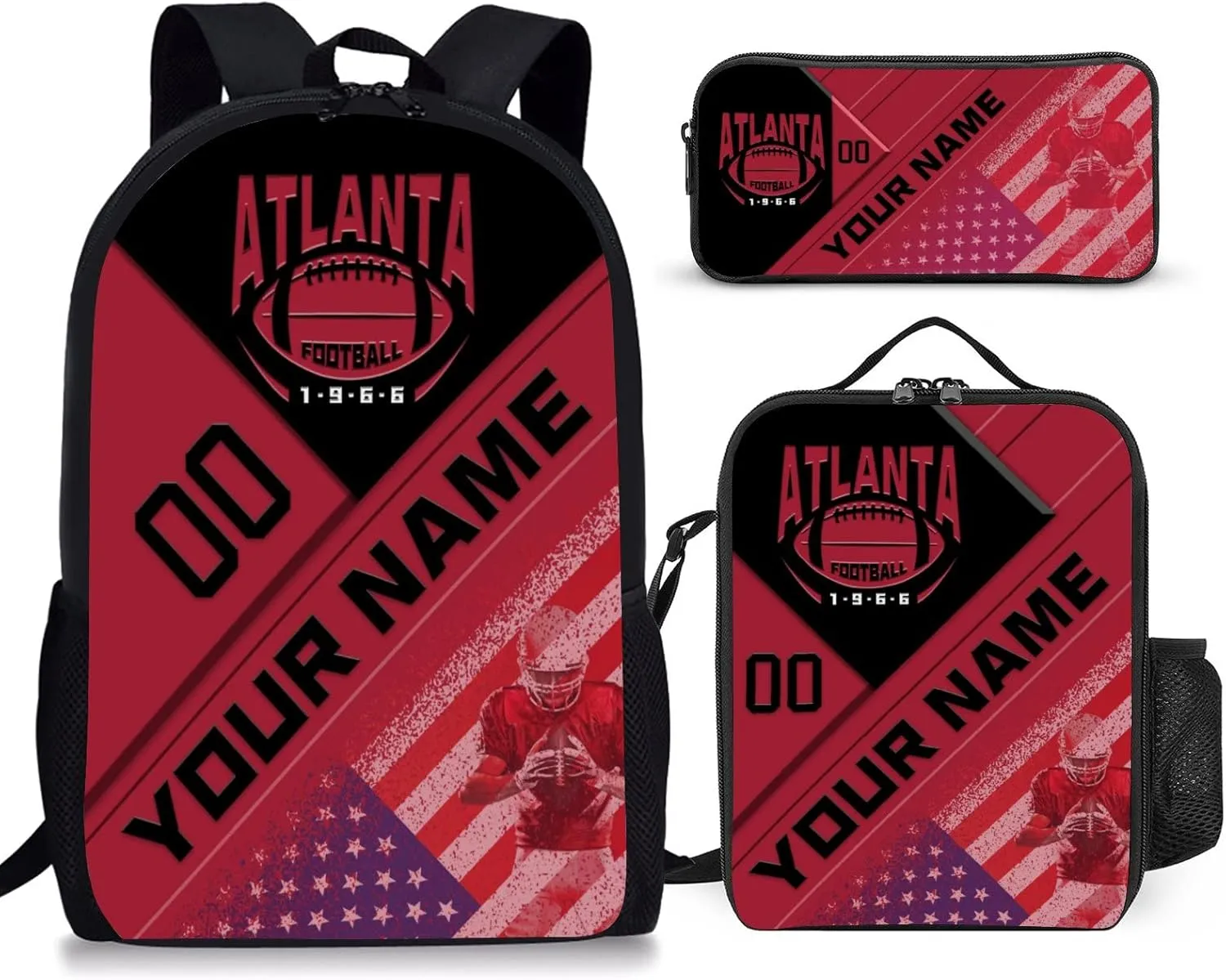 Custom Atlanta Backpack with Lunch Bag Pencil Case Personalized Name Number 3 Piece Set Gifts for Men Women