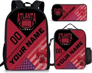 Custom Atlanta Backpack with Lunch Bag Pencil Case Personalized Name Number 3 Piece Set Gifts for Men Women
