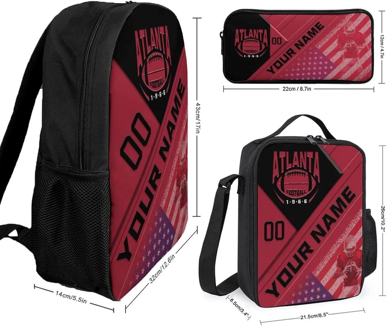 Custom Atlanta Backpack with Lunch Bag Pencil Case Personalized Name Number 3 Piece Set Gifts for Men Women