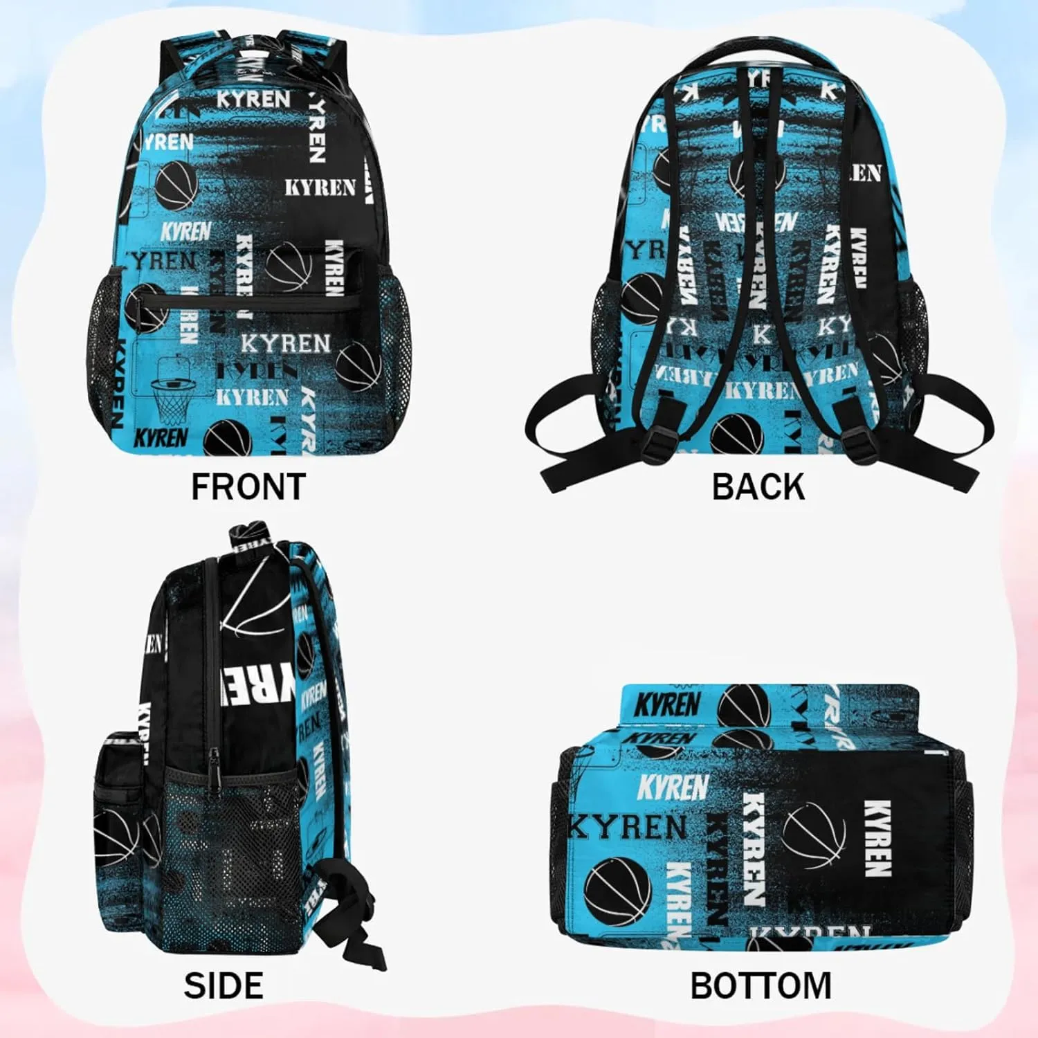 Custom Basketball Backpack for Men Women, Personalized Name Laptop Backpack, Sports Bag Lightweight Daypack for Travel Camping, Blue Black Print