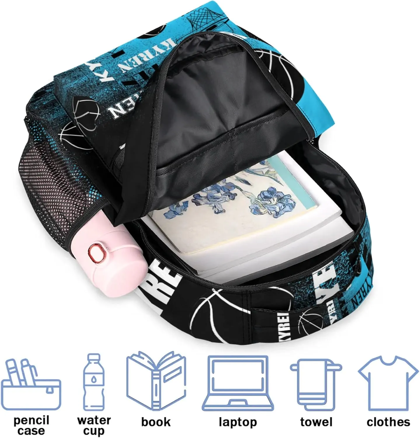 Custom Basketball Backpack for Men Women, Personalized Name Laptop Backpack, Sports Bag Lightweight Daypack for Travel Camping, Blue Black Print