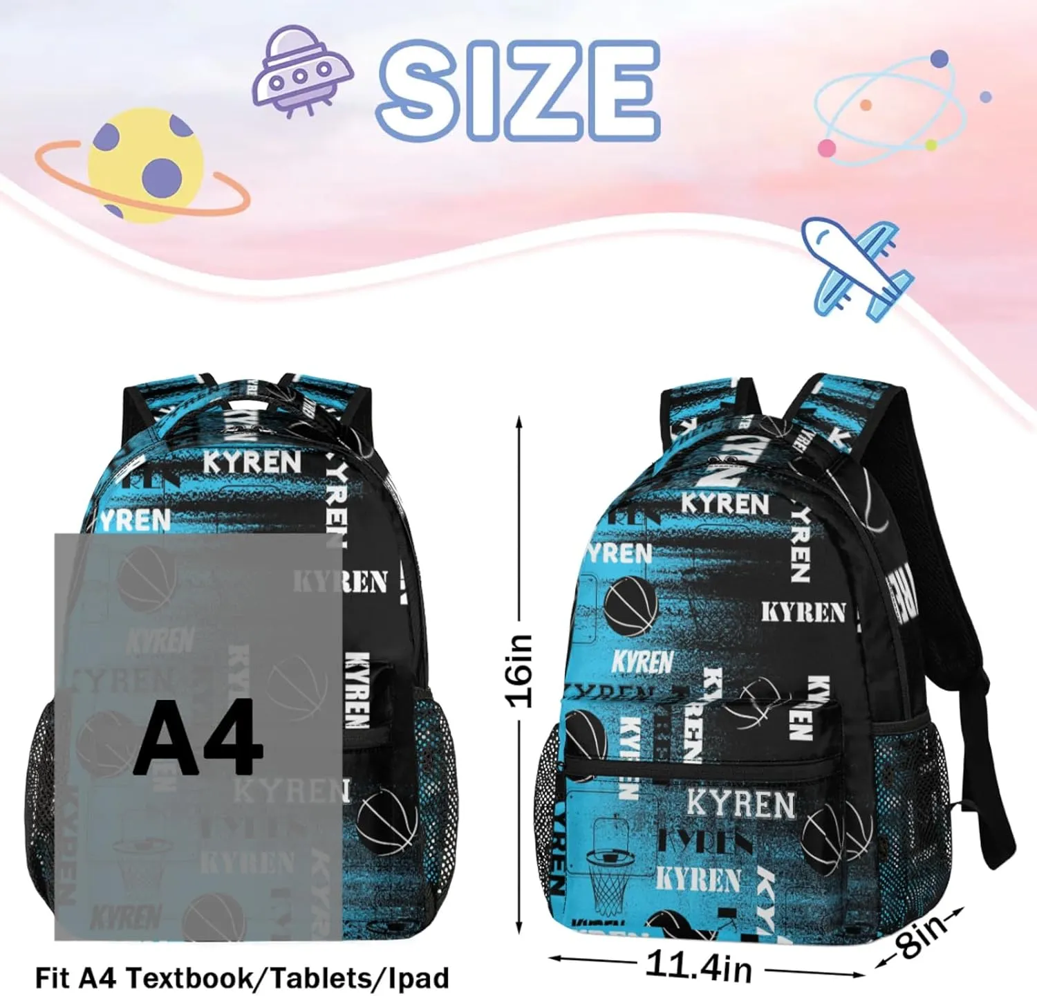 Custom Basketball Backpack for Men Women, Personalized Name Laptop Backpack, Sports Bag Lightweight Daypack for Travel Camping, Blue Black Print