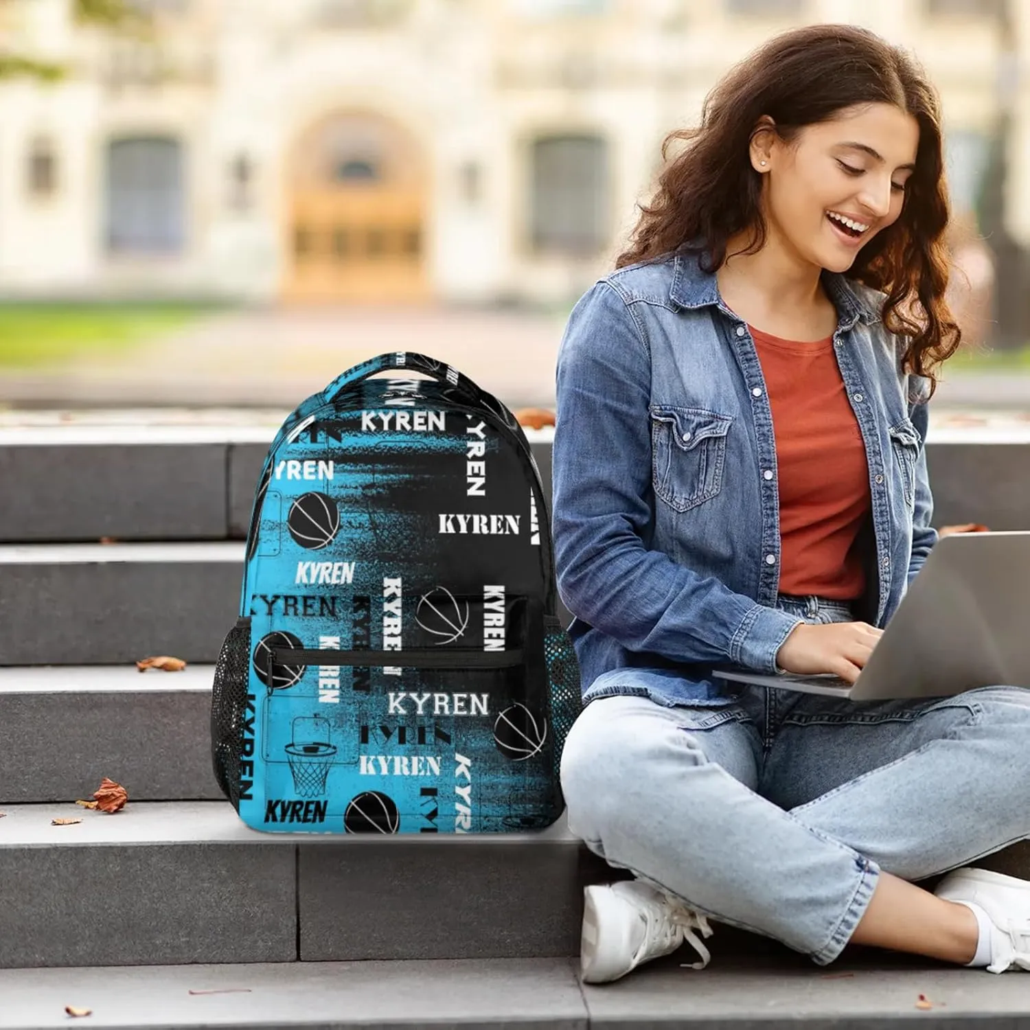 Custom Basketball Backpack for Men Women, Personalized Name Laptop Backpack, Sports Bag Lightweight Daypack for Travel Camping, Blue Black Print