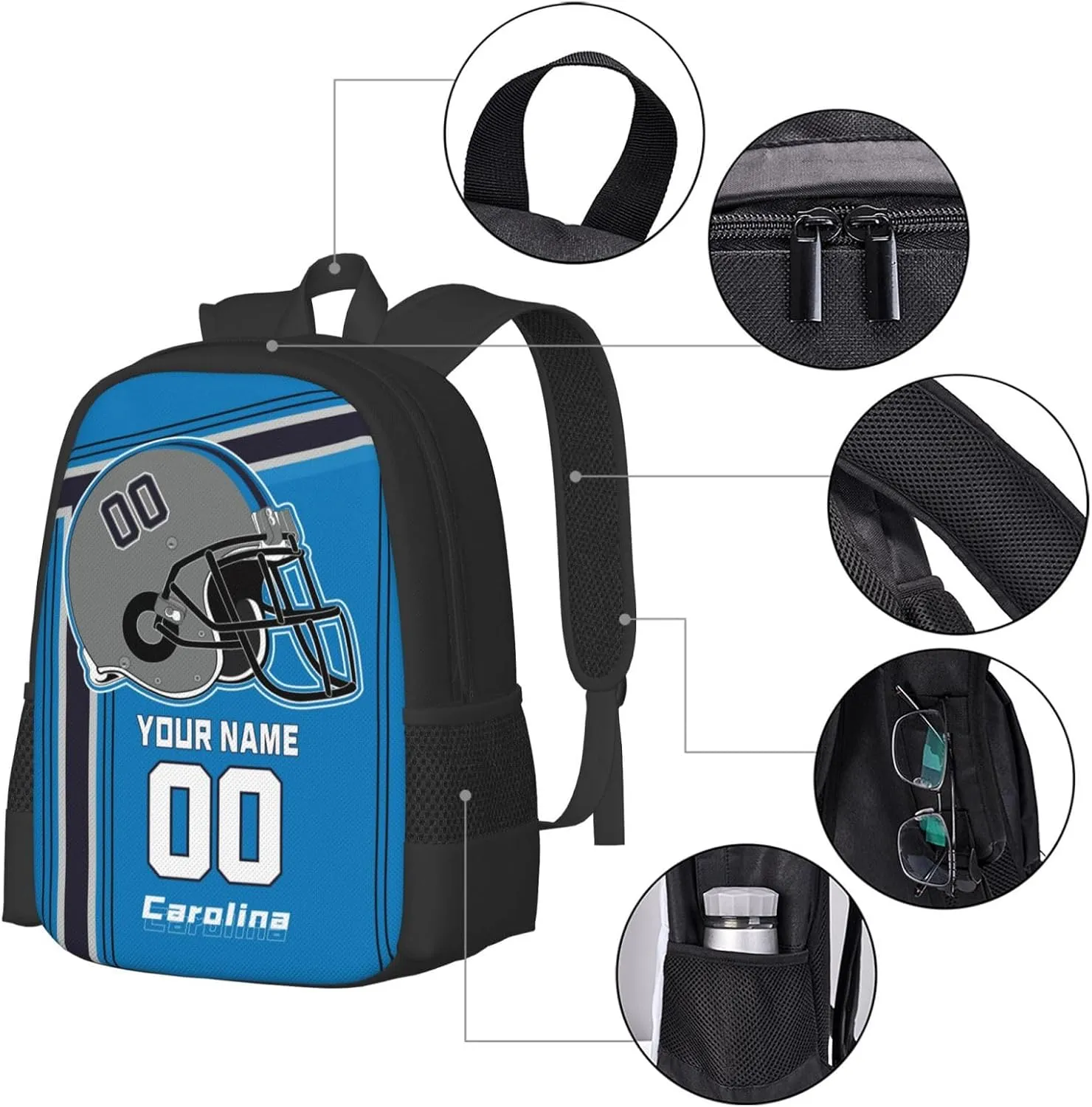 Custom Carolina Backpack Personalized Name Number, Customize High Capacity Bookbag 17 Inch Laptop Bag Travel Backpack Gifts for Men Women Boys