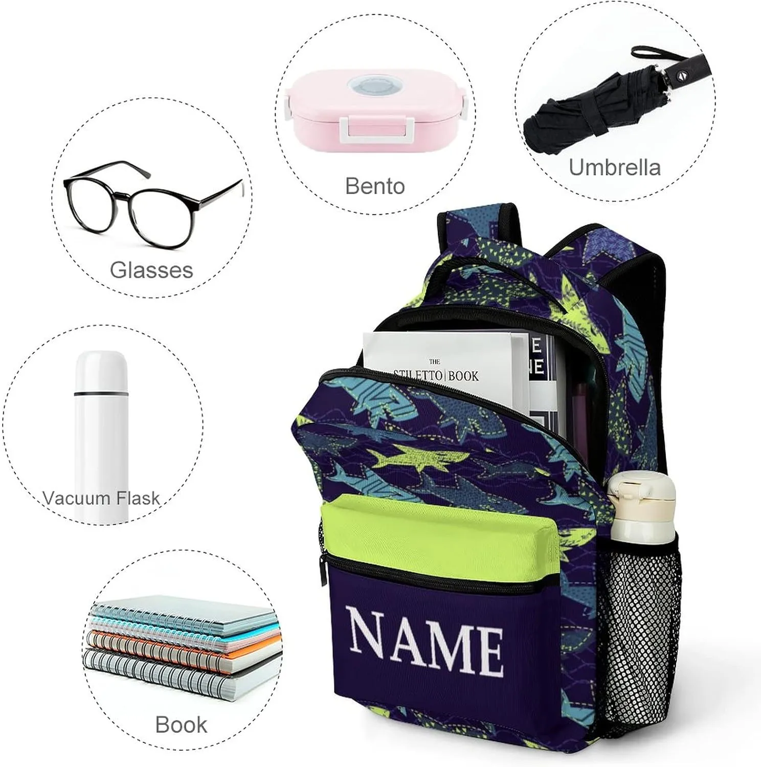 Custom Cartoon Shark Backpack Personalized Name Text Backpack Daypacks Customized BookBags School Bag for Student Boys Girls