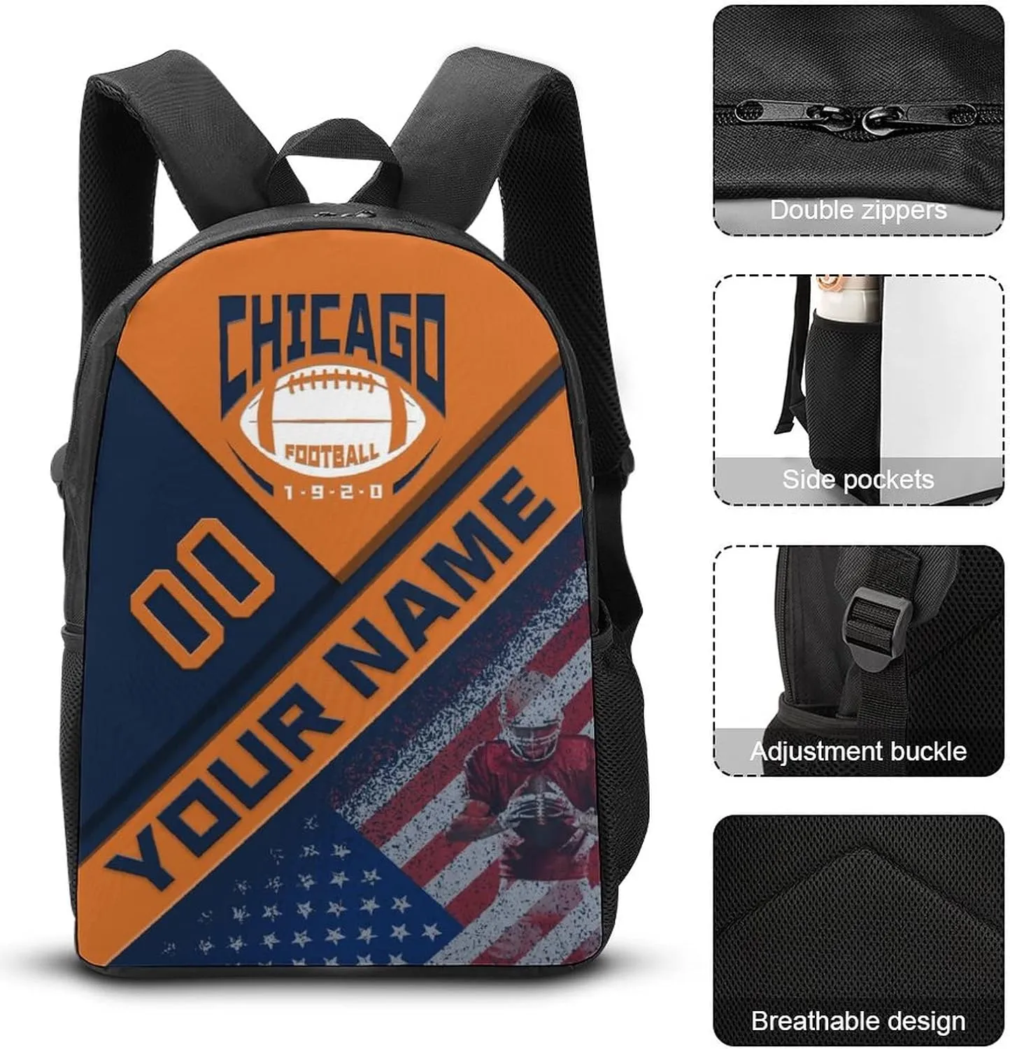 Custom Chicago Backpack with Lunch Bag Pencil Case Personalized Name Number 3 Piece Set Gifts for Men Women