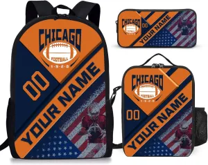 Custom Chicago Backpack with Lunch Bag Pencil Case Personalized Name Number 3 Piece Set Gifts for Men Women