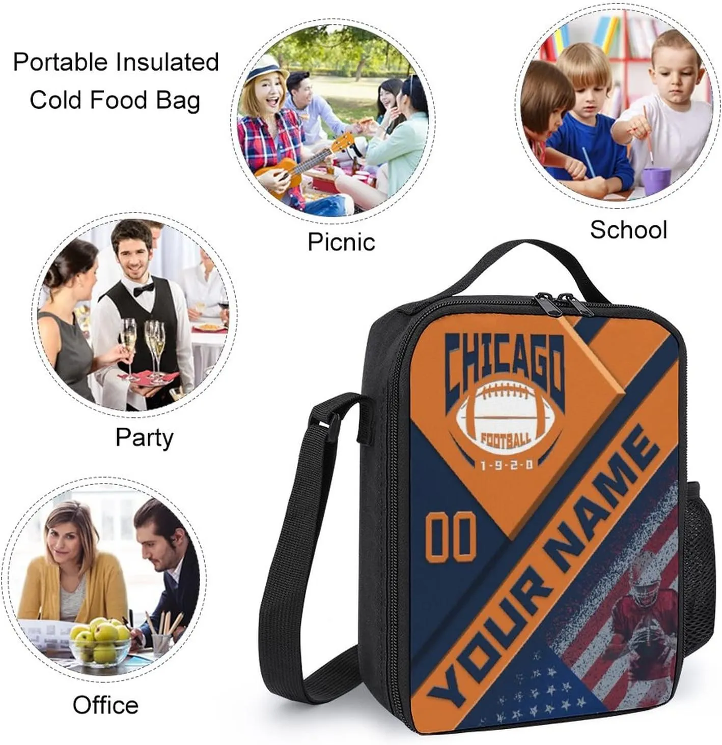 Custom Chicago Backpack with Lunch Bag Pencil Case Personalized Name Number 3 Piece Set Gifts for Men Women
