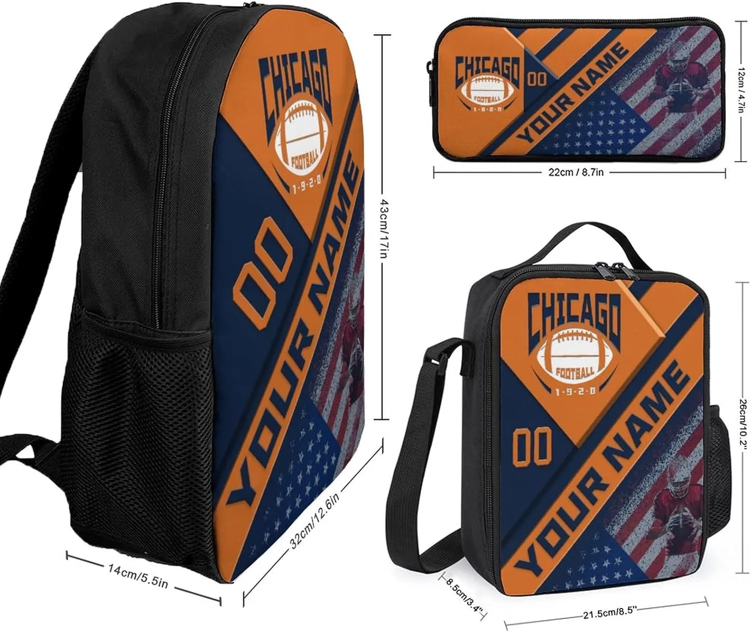 Custom Chicago Backpack with Lunch Bag Pencil Case Personalized Name Number 3 Piece Set Gifts for Men Women