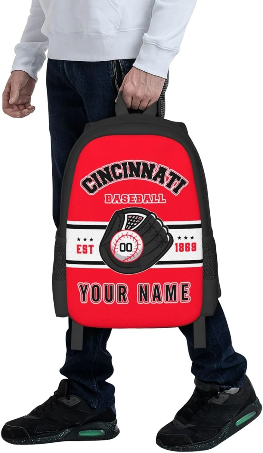 Custom Cincinnati Backpack Gift for Men Women Boy, Personalized Name Number Shoulder Bag for School Travel Daypack