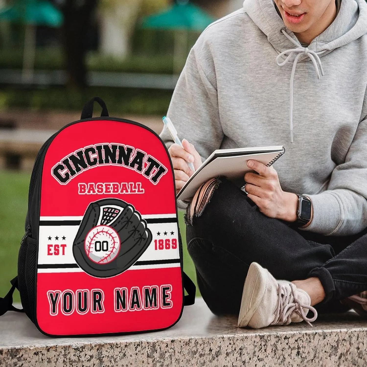 Custom Cincinnati Backpack Gift for Men Women Boy, Personalized Name Number Shoulder Bag for School Travel Daypack