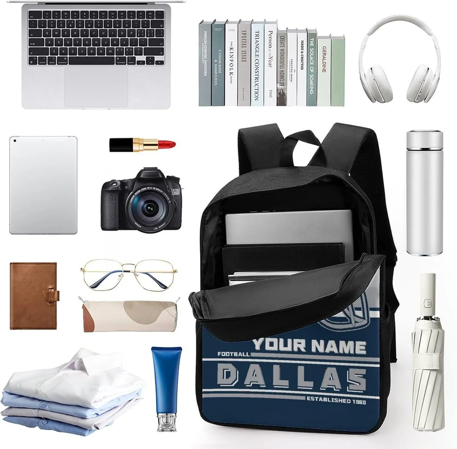 Custom Dallas Backpack Personalized Name Number Large Capacity Laptop Bag for School Men Women Fan Gift (17 Inch)