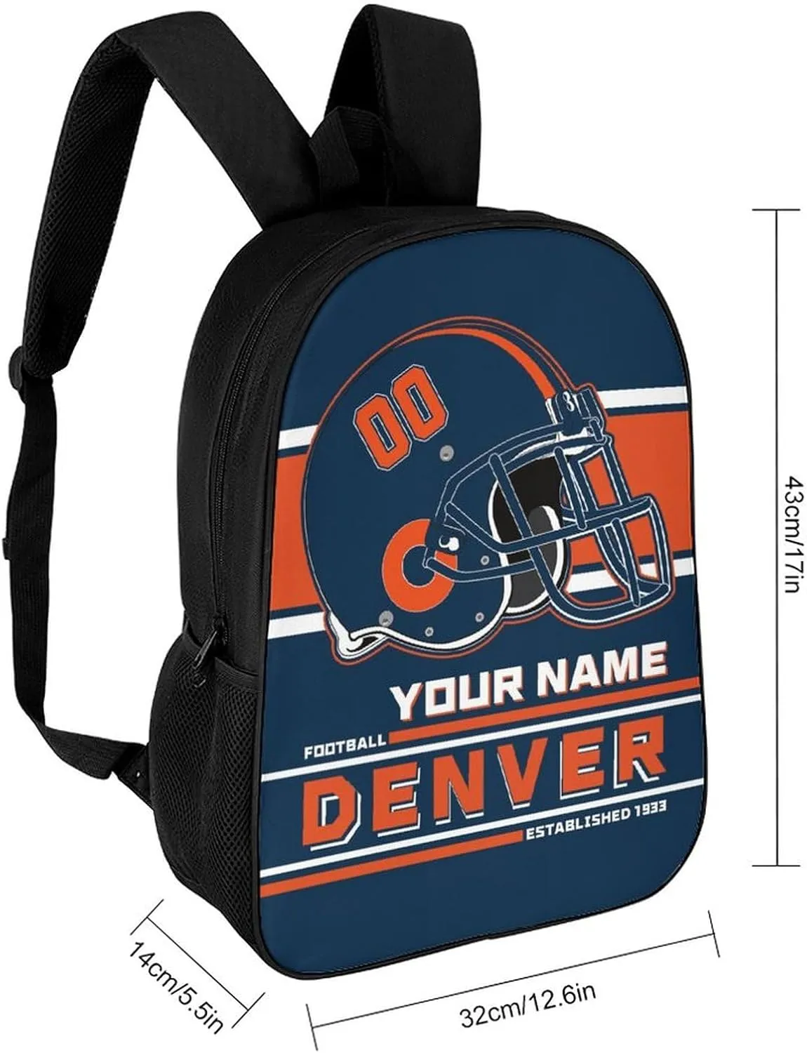 Custom Denver Backpack Personalized Name Number Large Capacity Laptop Bag for School Men Women Fan Gift (17 Inch)