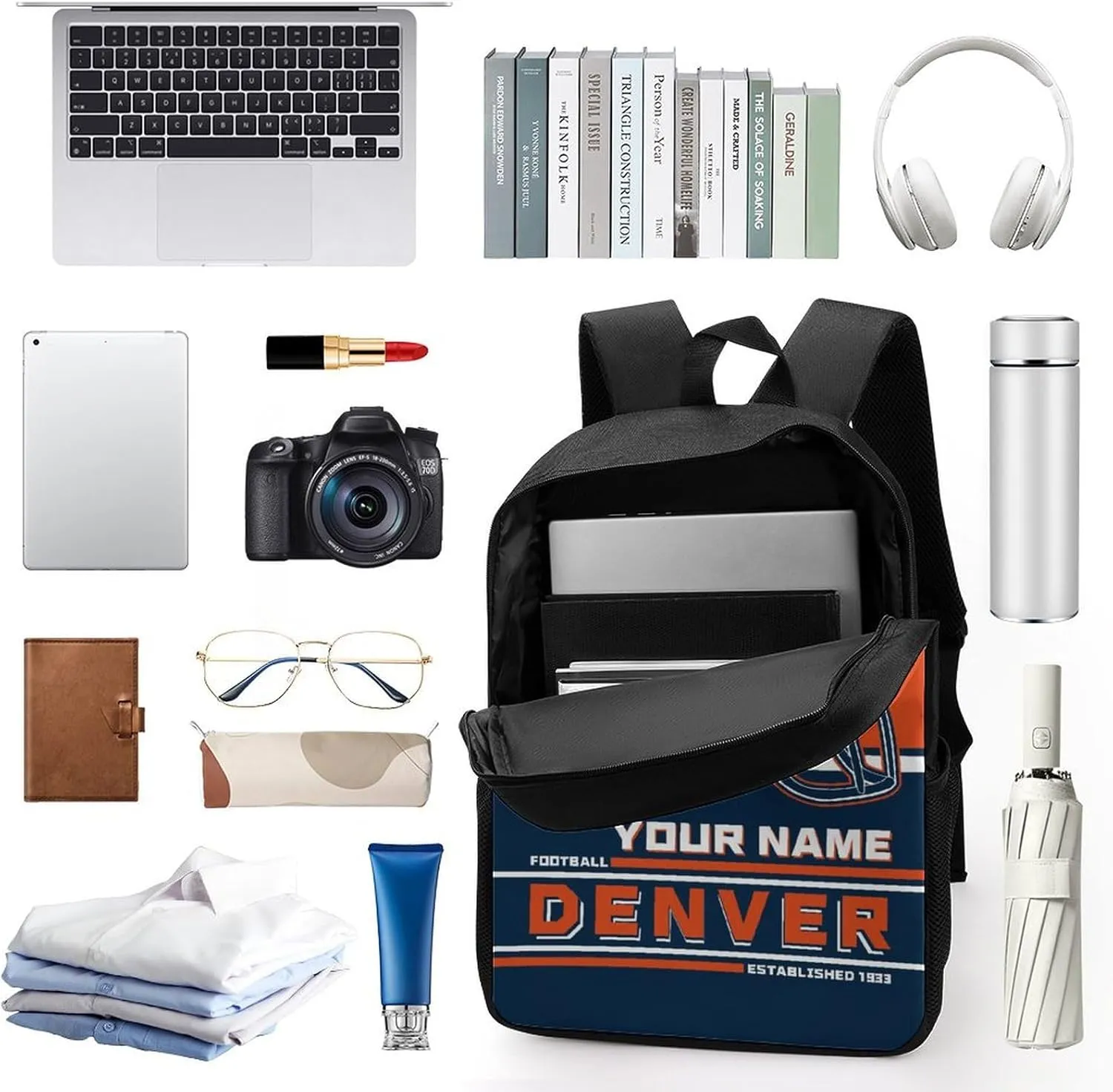 Custom Denver Backpack Personalized Name Number Large Capacity Laptop Bag for School Men Women Fan Gift (17 Inch)