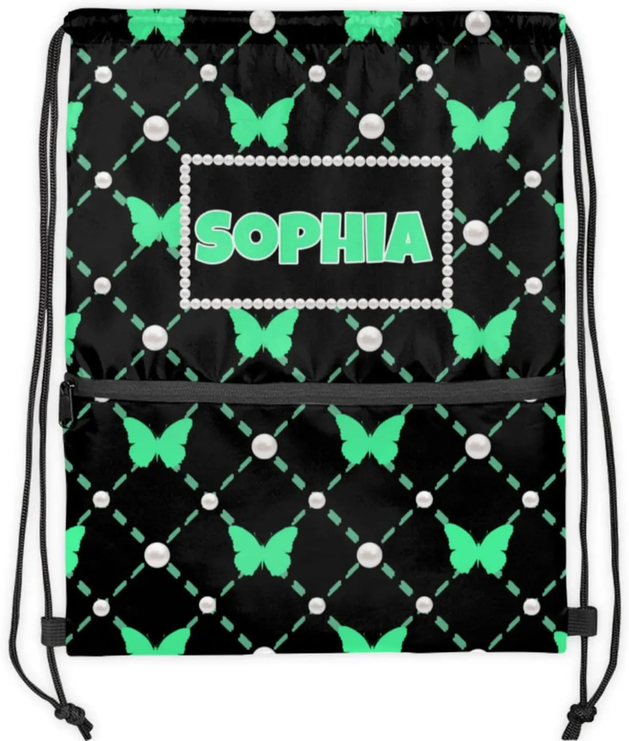 Custom Drawstring Bag Dance Bag with Name, Personalized Black Strap Pack Casual String Bag Backpack, Medium Spring Green Butterflies with Pearl
