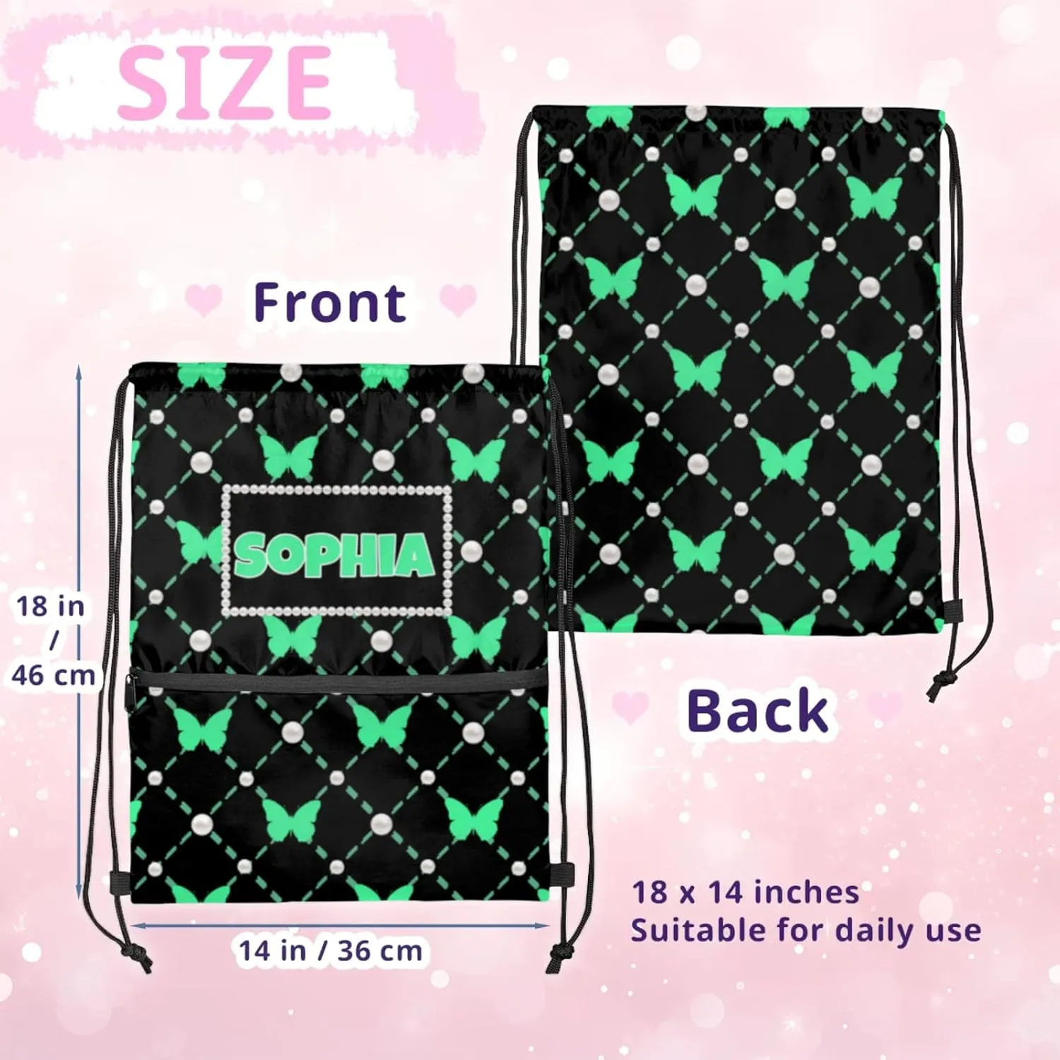 Custom Drawstring Bag Dance Bag with Name, Personalized Black Strap Pack Casual String Bag Backpack, Medium Spring Green Butterflies with Pearl
