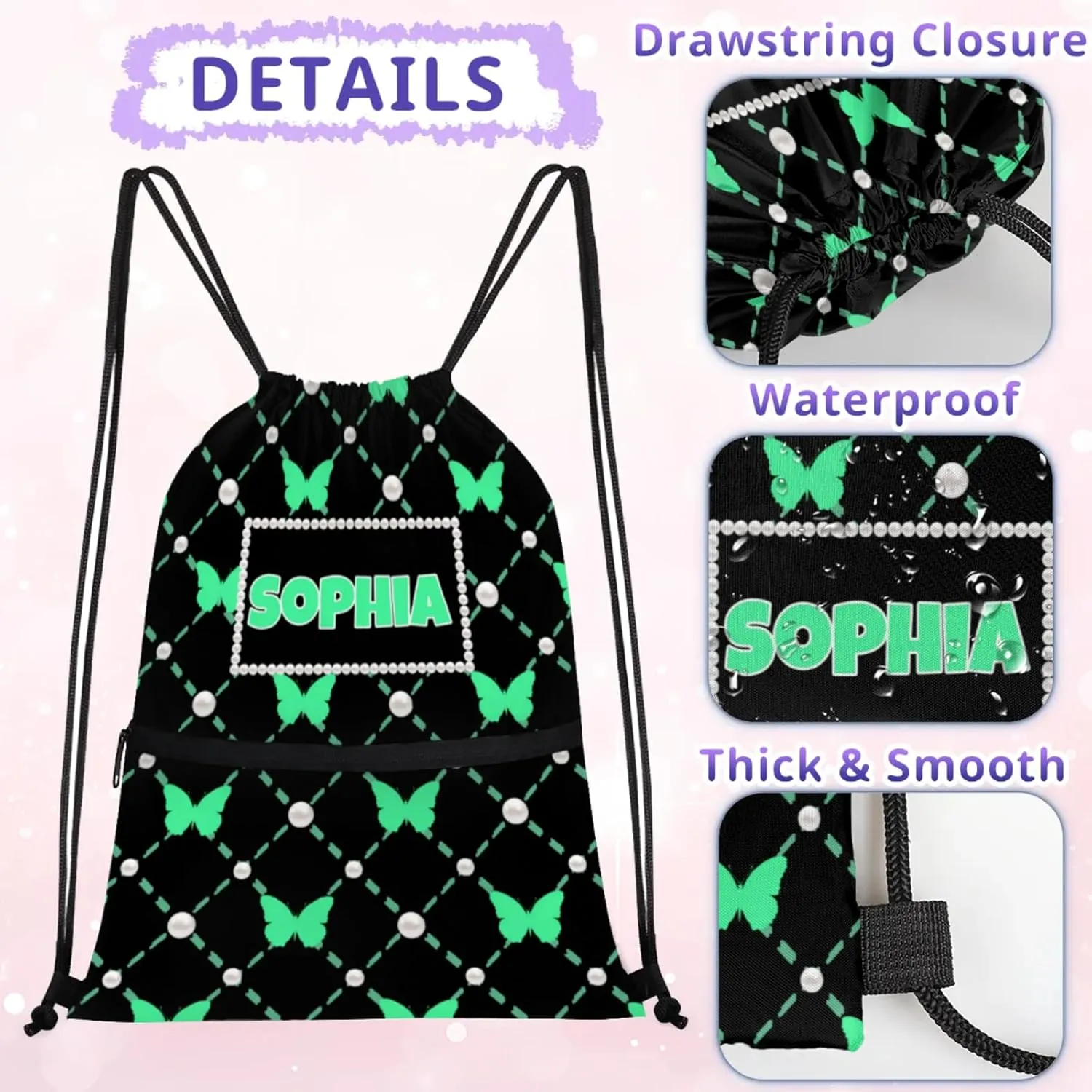 Custom Drawstring Bag Dance Bag with Name, Personalized Black Strap Pack Casual String Bag Backpack, Medium Spring Green Butterflies with Pearl