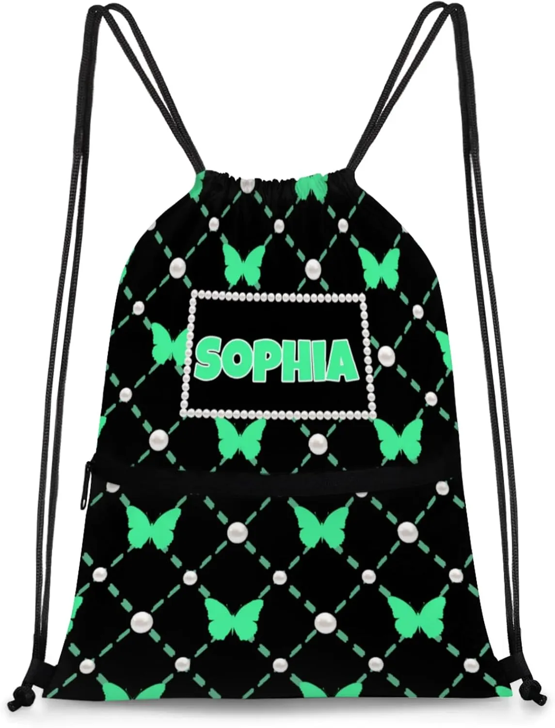 Custom Drawstring Bag Dance Bag with Name, Personalized Black Strap Pack Casual String Bag Backpack, Medium Spring Green Butterflies with Pearl