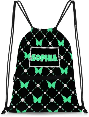 Custom Drawstring Bag Dance Bag with Name, Personalized Black Strap Pack Casual String Bag Backpack, Medium Spring Green Butterflies with Pearl