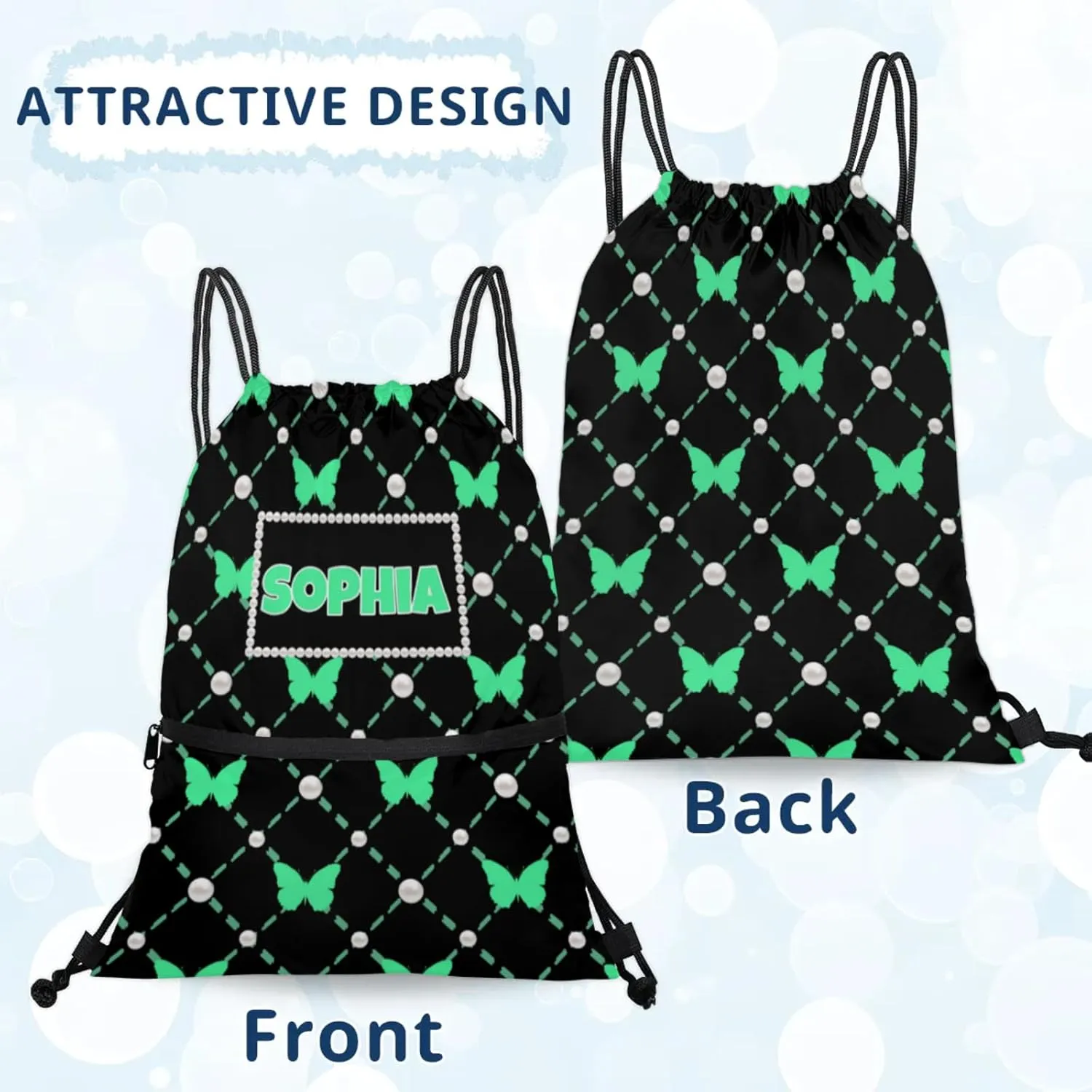 Custom Drawstring Bag Dance Bag with Name, Personalized Black Strap Pack Casual String Bag Backpack, Medium Spring Green Butterflies with Pearl