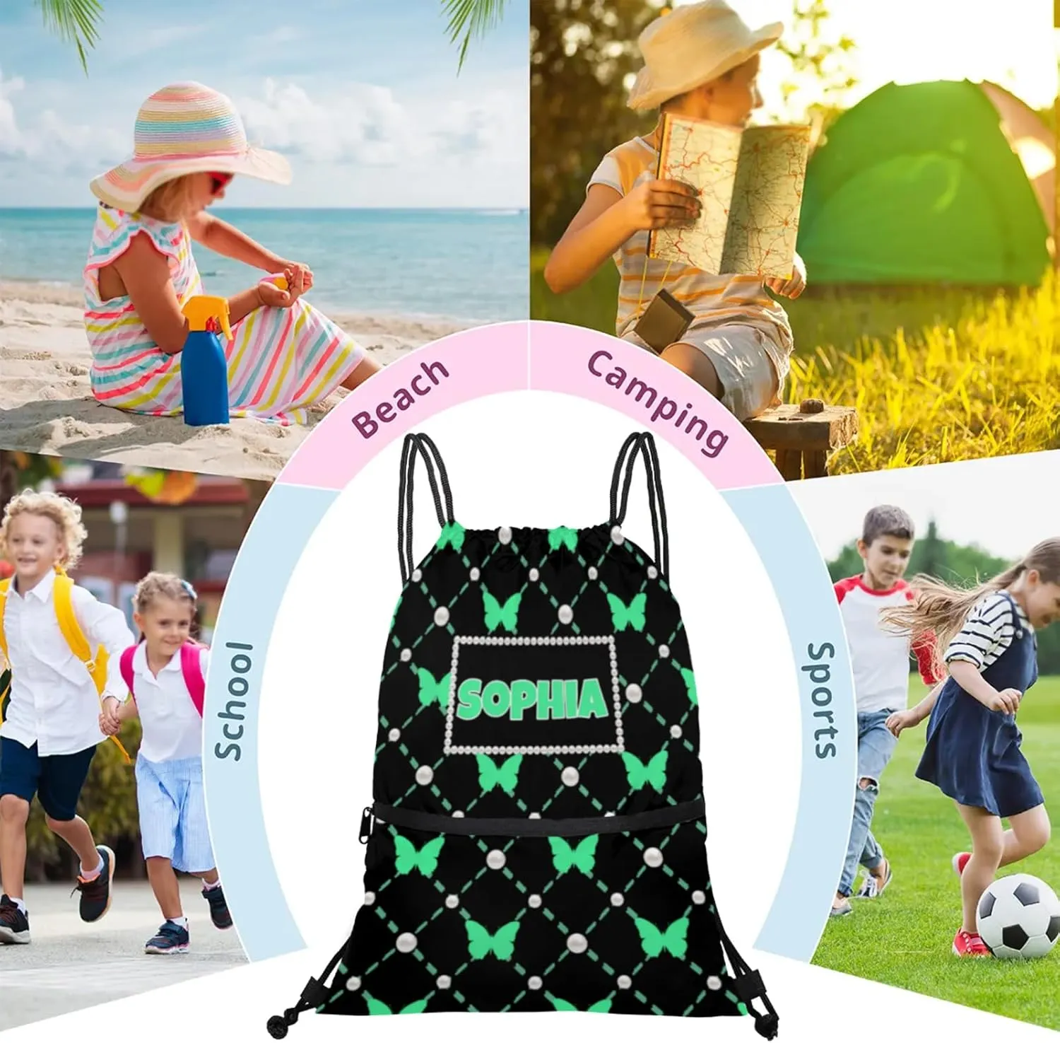 Custom Drawstring Bag Dance Bag with Name, Personalized Black Strap Pack Casual String Bag Backpack, Medium Spring Green Butterflies with Pearl