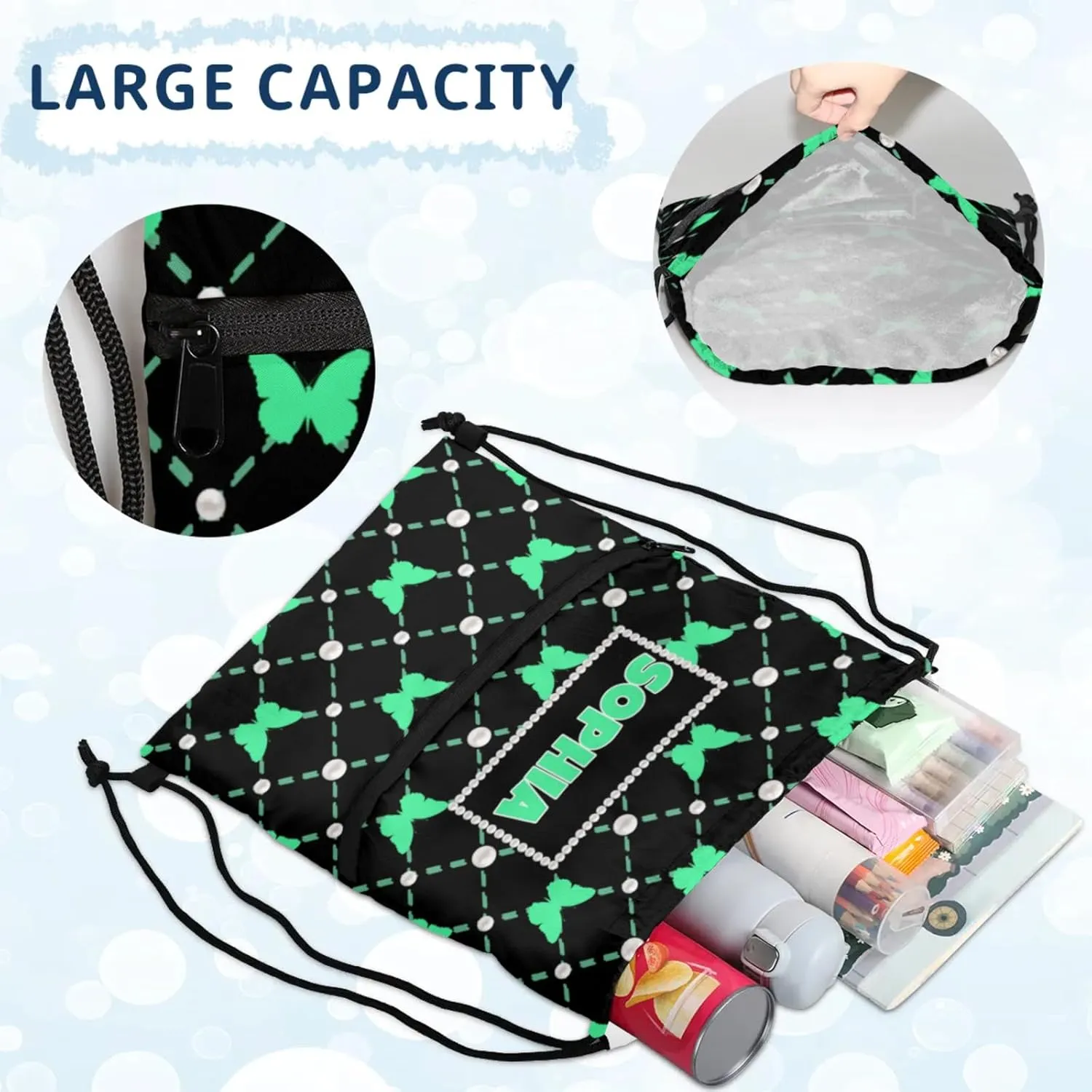 Custom Drawstring Bag Dance Bag with Name, Personalized Black Strap Pack Casual String Bag Backpack, Medium Spring Green Butterflies with Pearl