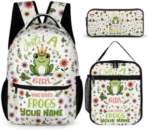 Custom Frog Backpack with Lunch Box & Pencil Case for Kids Girls Boys School, 16 Inch Cute Frogs Bookbag, School Backpack for Students Children, Lightweight, Large Capacity