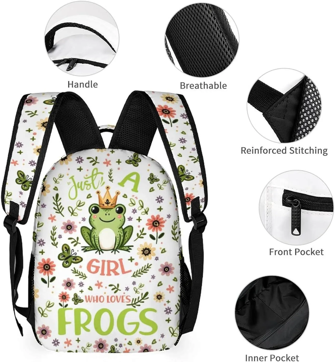 Custom Frog Backpack with Lunch Box & Pencil Case for Kids Girls Boys School, 16 Inch Cute Frogs Bookbag, School Backpack for Students Children, Lightweight, Large Capacity