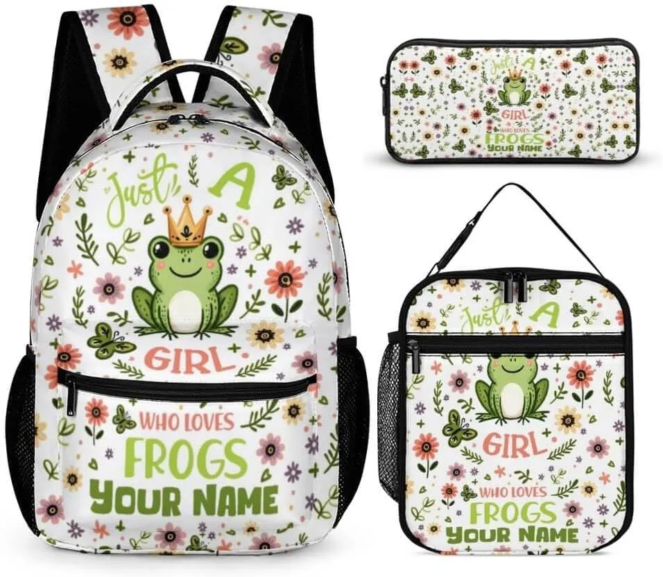 Custom Frog Backpack with Lunch Box & Pencil Case for Kids Girls Boys School, 16 Inch Cute Frogs Bookbag, School Backpack for Students Children, Lightweight, Large Capacity