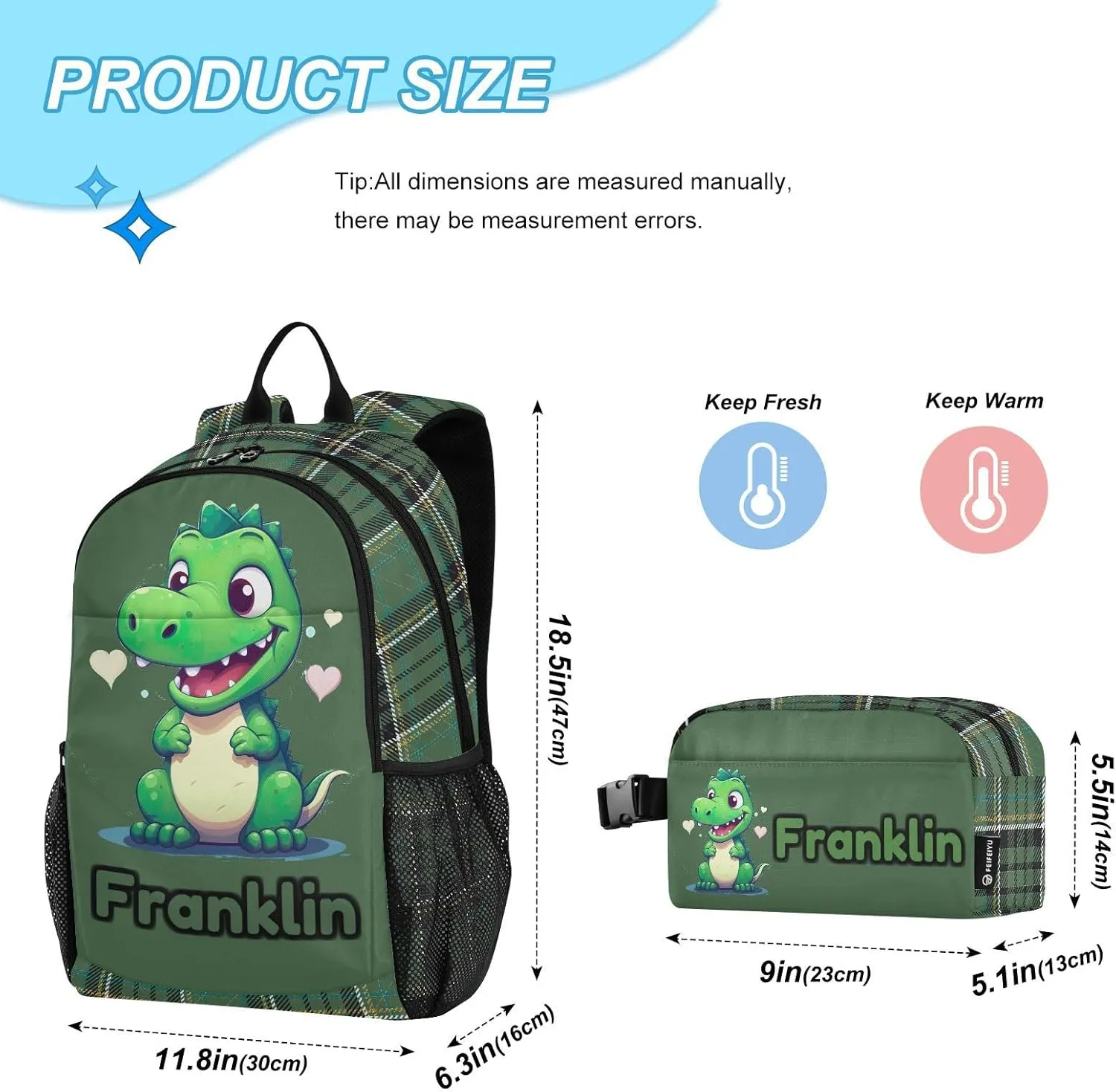 Custom Green Little Dinosaur Backpack for Kids Personalized Junior High Elementary Bookbag Lightweight Backpack with Lunch Box for Teens Kids Boys Girls