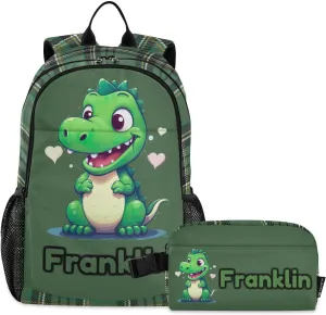 Custom Green Little Dinosaur Backpack for Kids Personalized Junior High Elementary Bookbag Lightweight Backpack with Lunch Box for Teens Kids Boys Girls