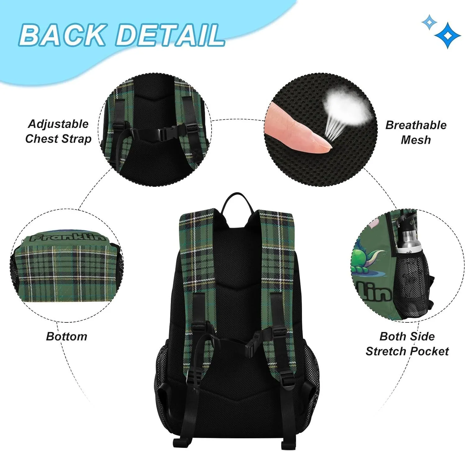 Custom Green Little Dinosaur Backpack for Kids Personalized Junior High Elementary Bookbag Lightweight Backpack with Lunch Box for Teens Kids Boys Girls