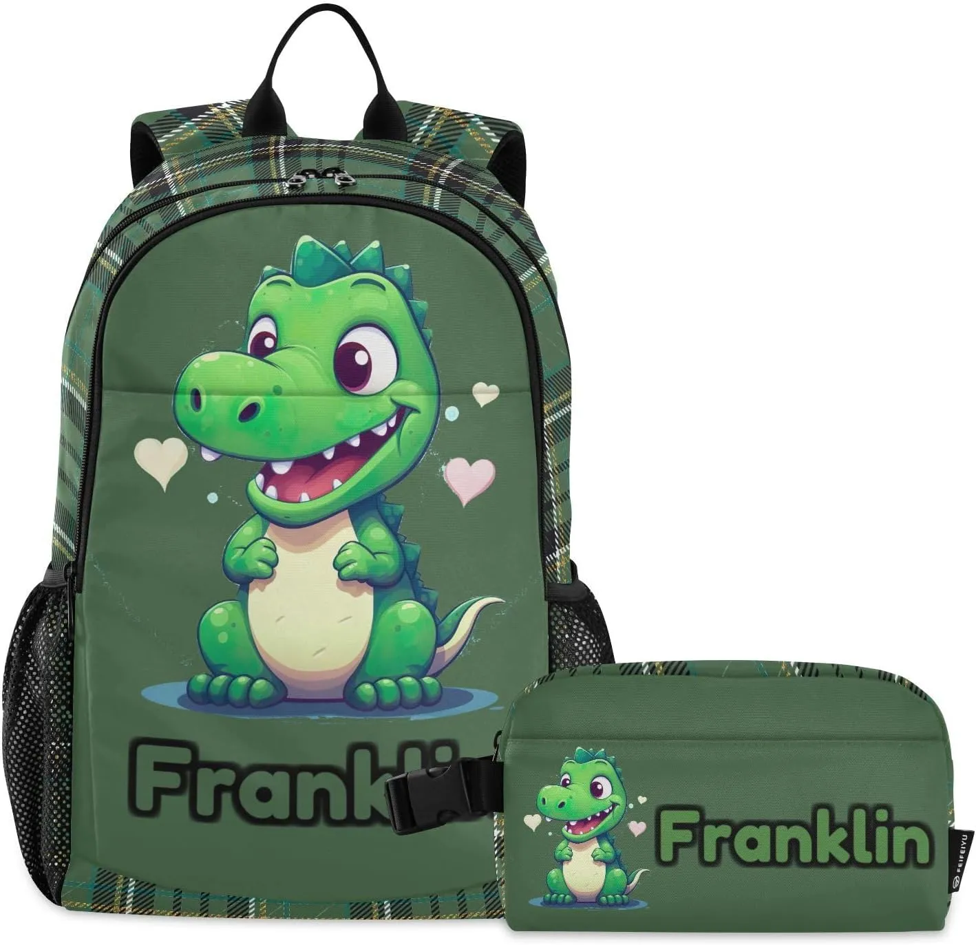 Custom Green Little Dinosaur Backpack for Kids Personalized Junior High Elementary Bookbag Lightweight Backpack with Lunch Box for Teens Kids Boys Girls