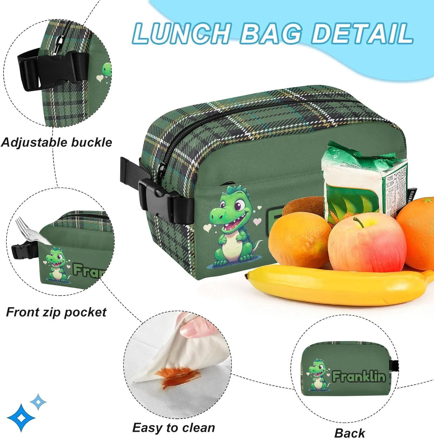 Custom Green Little Dinosaur Backpack for Kids Personalized Junior High Elementary Bookbag Lightweight Backpack with Lunch Box for Teens Kids Boys Girls