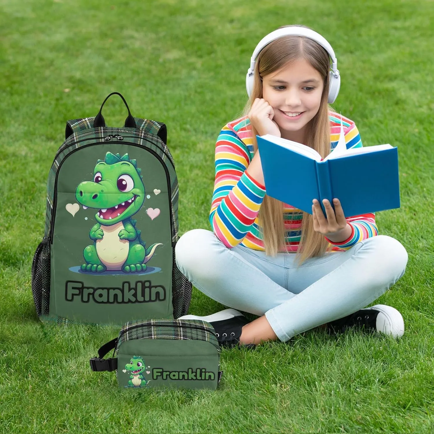 Custom Green Little Dinosaur Backpack for Kids Personalized Junior High Elementary Bookbag Lightweight Backpack with Lunch Box for Teens Kids Boys Girls