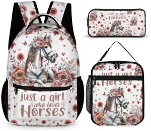 Custom Horse Backpack with Lunch Box & Pencil Case for Kids Girls Boys School, 16 Inch Cute Horses Bookbag, School Backpack for Students Children, Lightweight, Large Capacity