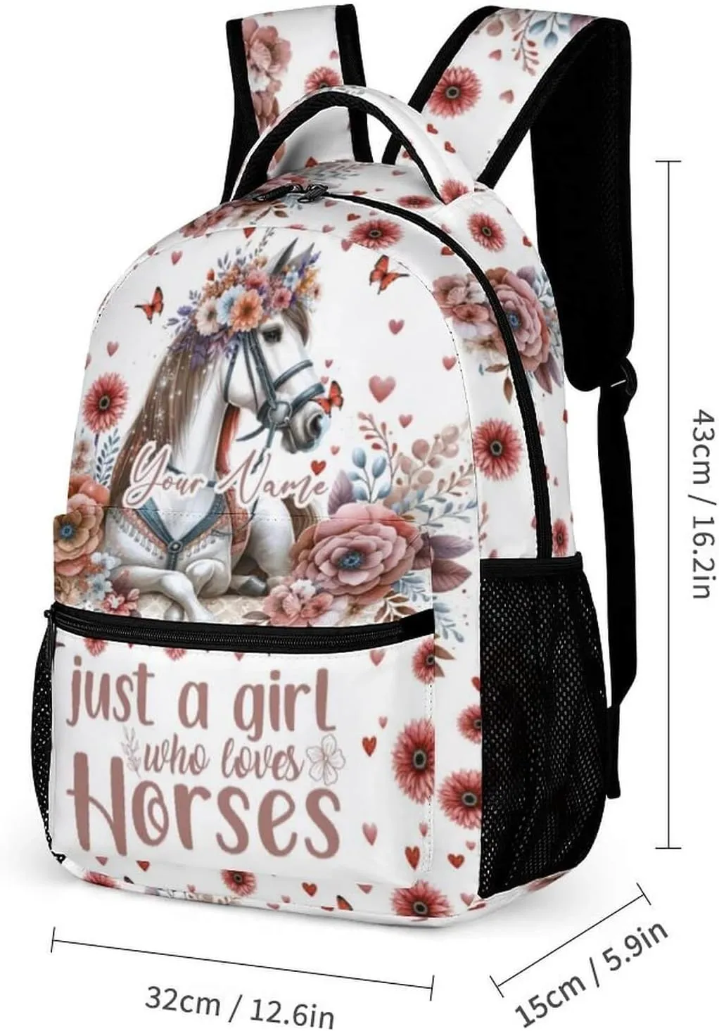 Custom Horse Backpack with Lunch Box & Pencil Case for Kids Girls Boys School, 16 Inch Cute Horses Bookbag, School Backpack for Students Children, Lightweight, Large Capacity