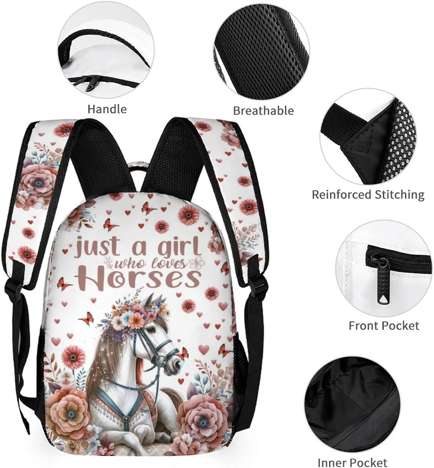 Custom Horse Backpack with Lunch Box & Pencil Case for Kids Girls Boys School, 16 Inch Cute Horses Bookbag, School Backpack for Students Children, Lightweight, Large Capacity