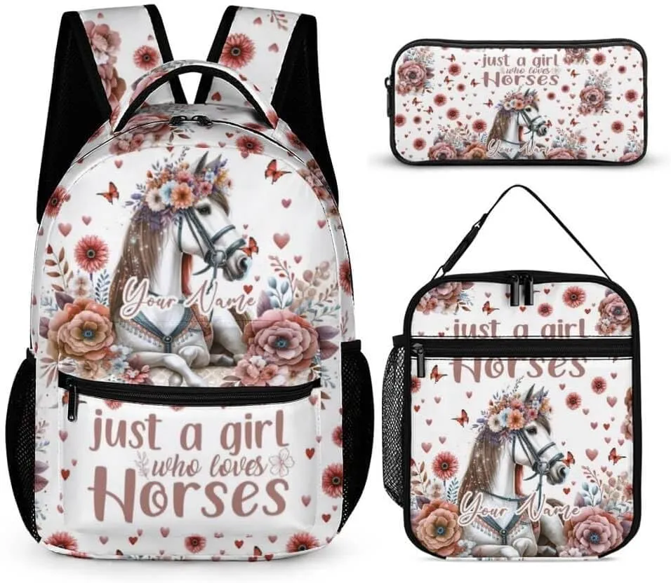 Custom Horse Backpack with Lunch Box & Pencil Case for Kids Girls Boys School, 16 Inch Cute Horses Bookbag, School Backpack for Students Children, Lightweight, Large Capacity