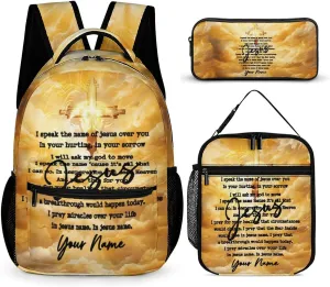 Custom Jesus Catholic Backpack with Lunch Box & Pencil Case, 16 Inch Divine Mercy Themed Bookbag, Adjustable Lightweight Large Capacity, Colorful Religious Christiane Backpack Set with Lunch Bag