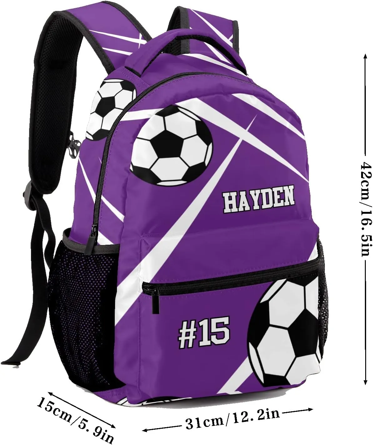 Custom Kid Backpack, Sport Soccer Player Number Team Name Purple Personalized School Bookbag with Your Own Name, Customization Casual Bookbags for Student Girls Boys