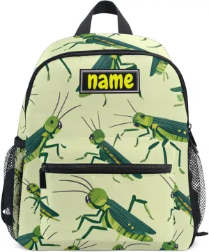 Custom Kid's Name Backpack for Boys Girls, Cute Green Grasshopper Pattern Toddler Mini Backpack Personalized Children Preschool Bookbag