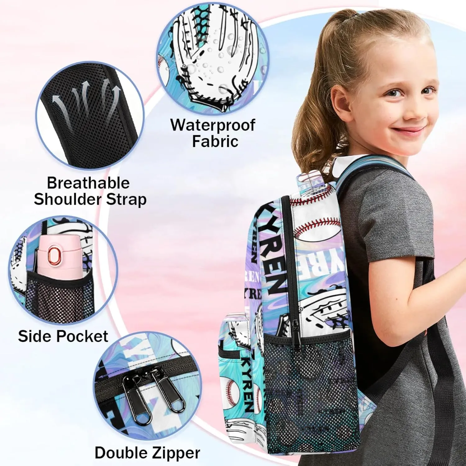 Custom Name Baseball Backpack for Men Women, Personalized Laptop Backpack with Name, Sports Bag Lightweight Daypack for Travel Camping, Blue Purple